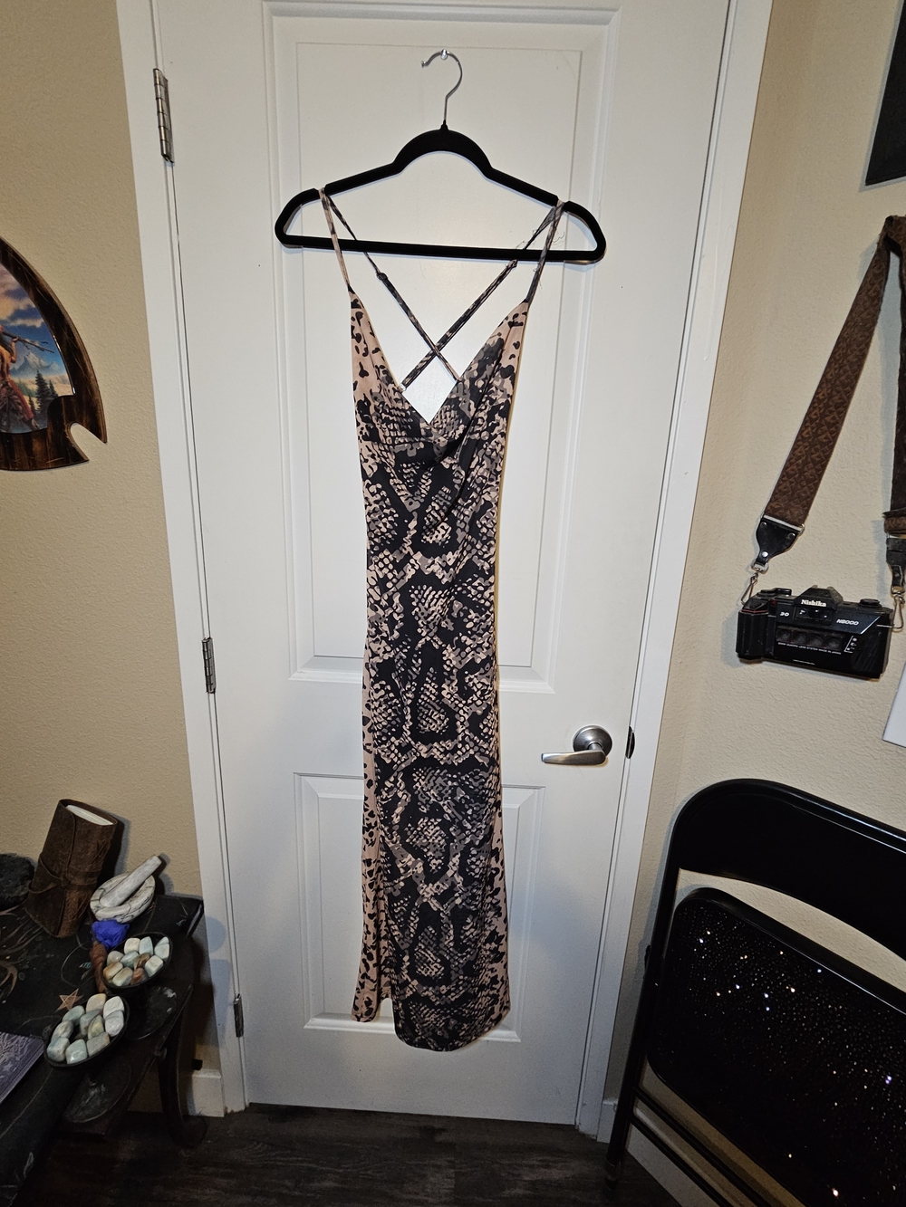 Sleeveless Snake Print Slip Dress - Beige/Black